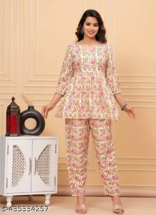 Rayon printed flared night suit with three-quarter sleeves, Indian-inspired design for comfortable sleepwear