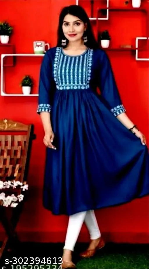 Embroidered rayon anarkali kurti, three-quarter sleeves, wine color, Indian women's fashion