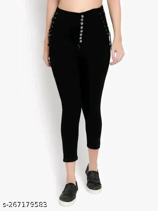 Black denim jeans, high waist rise, slim fit, stretchable, 8-button closure with zip fly