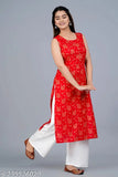 Rayon gold print jaipuri sleeveless kurta and palazzo set, vibrant Indian fashion with intricate printed design on display