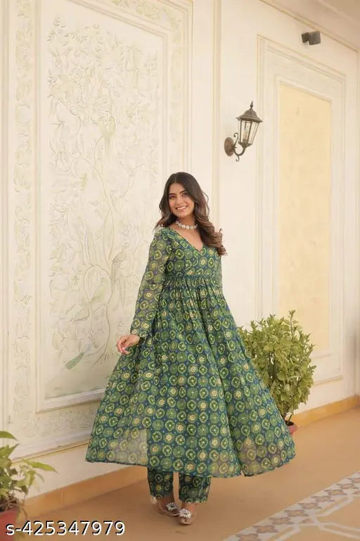 Green Georgette Kurta with Palazzos, printed net, long sleeves, single size available from S to XXL