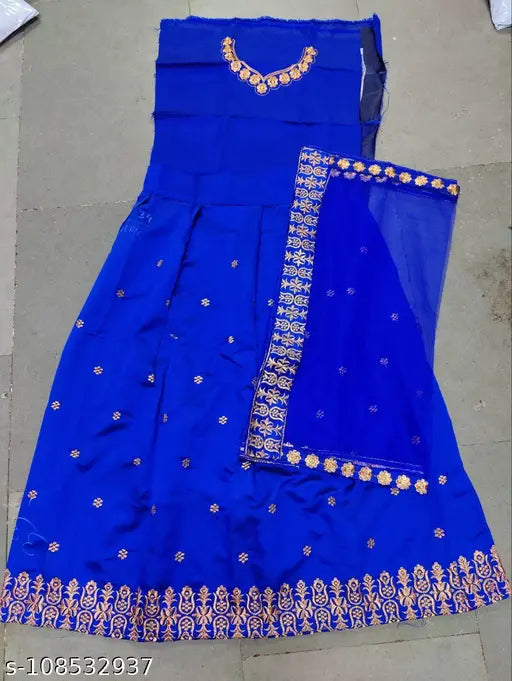 GOPI Blue Satin Lehenga with Net Dupatta, Indian kids' traditional embroidered outfit in various sizes for ages 3-16 years