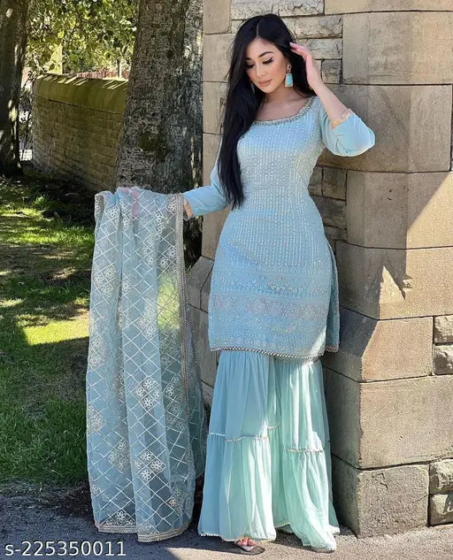 Dupatas set, light blue tulle fabric with ruffled hem and matching pallu, suitable for weddings or special occasions
