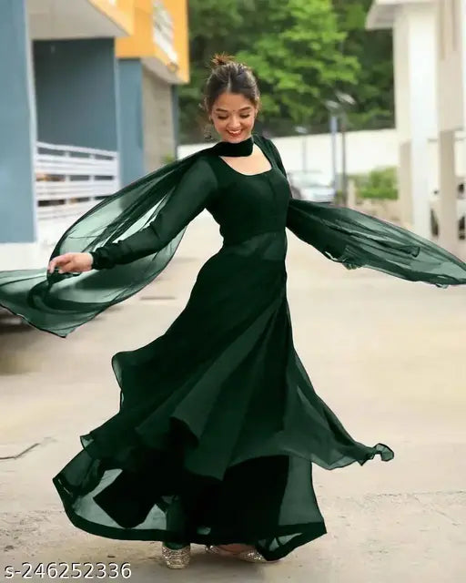 New solid green georgette kameez and palazzo set with matching color dupatta for women's traditional attire