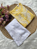 Rayon chikankari kurti with pallazzos, printed net, three-quarter sleeves, Indian traditional wear