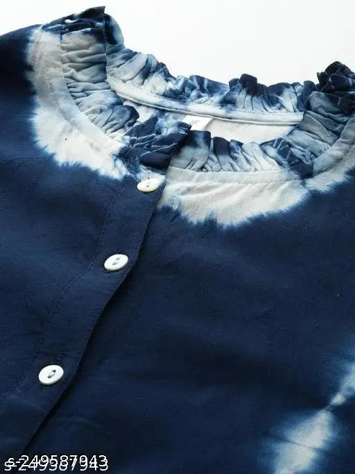 Blue viscose rayon frill neck loose fit shirt with three-quarter sleeves, dyed/washed pattern. Versatile clothing item for women's fashion