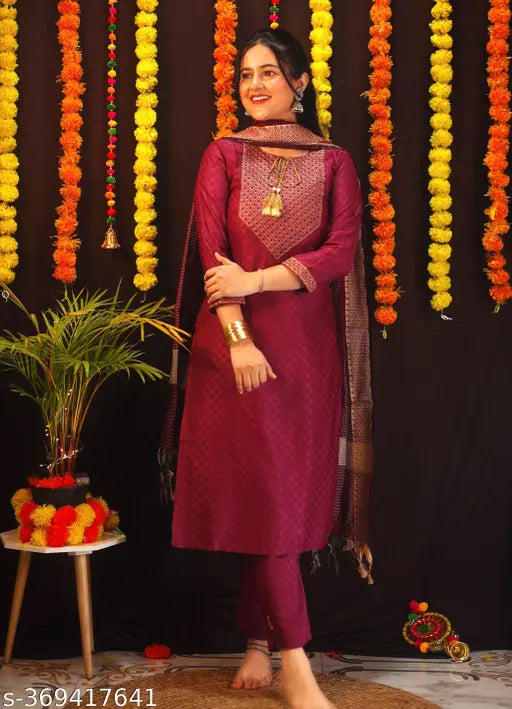 Women's kurta pant with dupatta, maroon and gold, embroidered borders, long sleeves