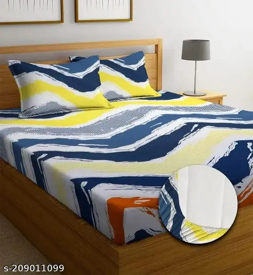 Attractive supersoft glace cotton multi-colored striped design double bed (72*78) elastic fitted sheet with two matching pillow covers, ideal for summer, breathable and wrinkle-free, abstract pattern, 190 thread count, hand or machine washable, made in India