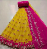 Abhisarika alluring women lehenga set: net top with embroidered pattern, cotton silk dupatta, free size (42in waist, 42in length), Indian-made
