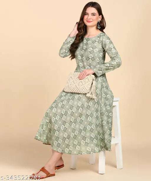 Dsk Studio Women's cotton blend printed Anarkali kurti with three-quarter sleeves, vibrant print design for traditional and casual wear
