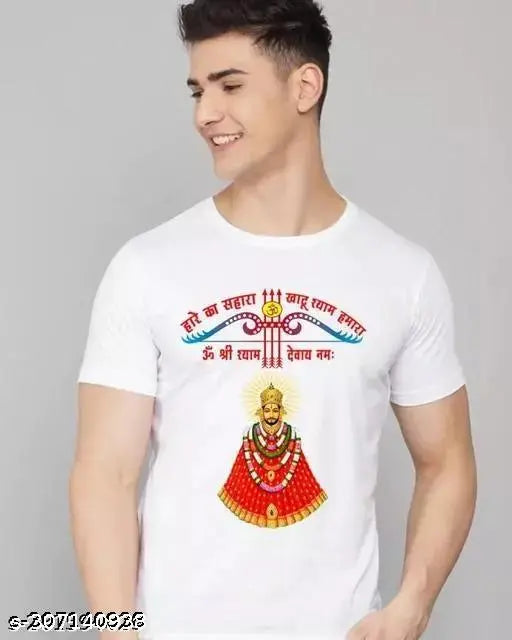 Printed polyester Khatu Shyam Ji t-shirt with short sleeves, Indian religious art on chest, available in sizes S-XXL