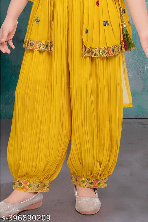 Sunflower Yellow crepe kurta set with dupatta, embellished and sleeveless, for children aged 2-11 years old, Indian origin
