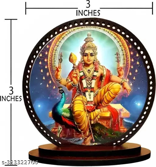 Multicolor wooden Lord Kartikeya idol for car and home decor, matte finish, pre-taped for easy installation