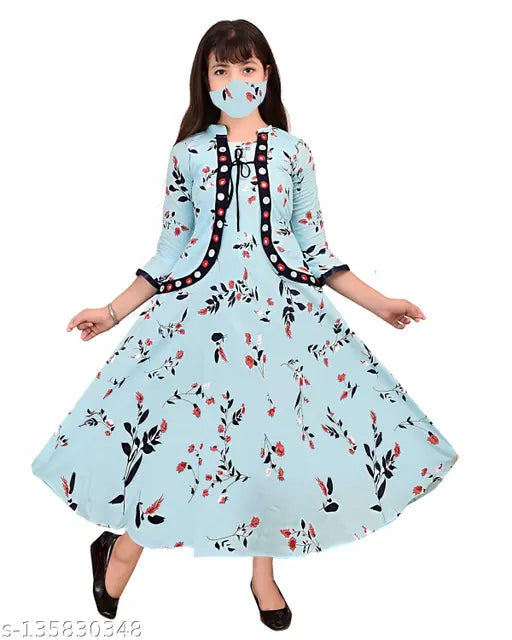 Rayon printed net three-quarter sleeve gown dress for girls (ages 3-10), high quality, comfortable and easy to wear, India origin