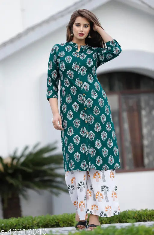 Green rayon printed kurta and palazzo set for women, one side pocket, three-quarter sleeves