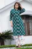 Green rayon printed kurta and palazzo set for women, one side pocket, three-quarter sleeves