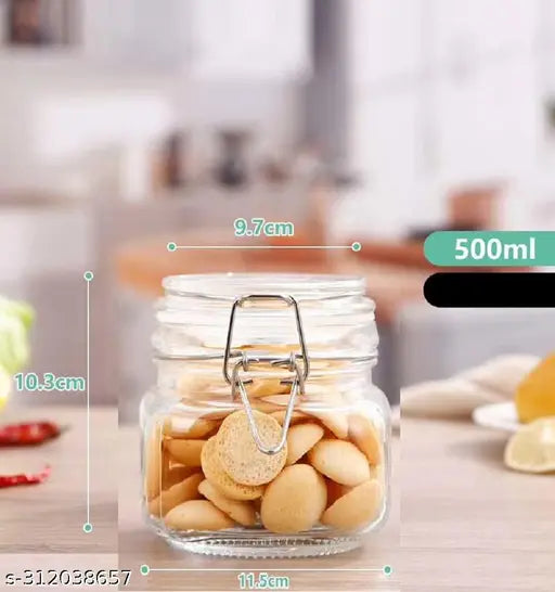 Clear glass clip-lock airtight kitchen storage jar, 500ml capacity