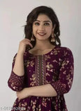 Rayon anarkali dress with wine print, three-quarter sleeves, New Krishna label, India-made fashion for women's wardrobe