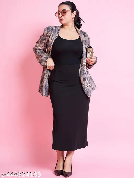 Plus size black pencil skirt, polycotton, solid net, calf length, formal wear on model