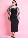 Plus size black pencil skirt, polycotton, solid net, calf length, formal wear on model