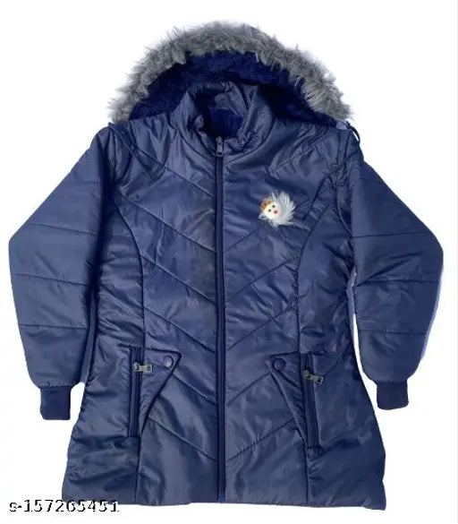 Blue puffy girls jacket with hood, zip closure