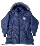 Blue puffy girls jacket with hood, zip closure