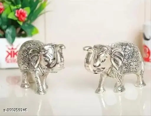 Metal handcrafted, silver-polished elephant pair - small size CHANDRA ART COLLECTION showpiece for home/office decor, symbolizing wisdom and strength (8.5 cm H x 14 cm L)