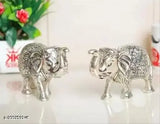 Metal handcrafted, silver-polished elephant pair - small size CHANDRA ART COLLECTION showpiece for home/office decor, symbolizing wisdom and strength (8.5 cm H x 14 cm L)
