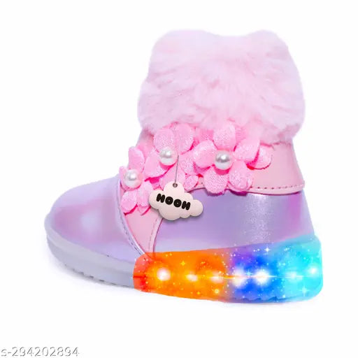 Pink synthetic leather LED light shoes for girls aged 7 years, stylish and breathable cotton blend material