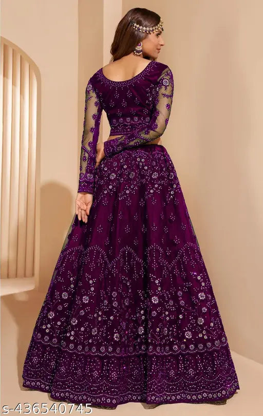 Embroidered net lehenga-choli set with dupatta, Indian semi-stitched traditional wear featuring intricate patterns