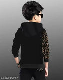 Black Cotton Boys Lion Gold Printed HoodedTshirt