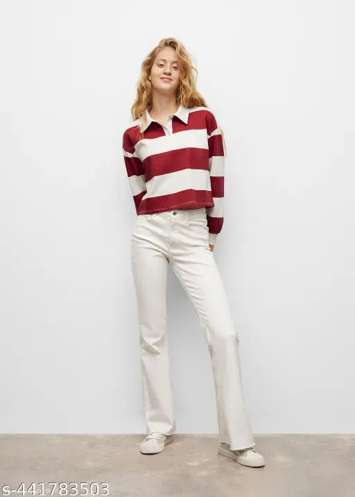 Women's trendy red lining full sleeve top, colorblocked net lycra fabric with long sleeves on hanger