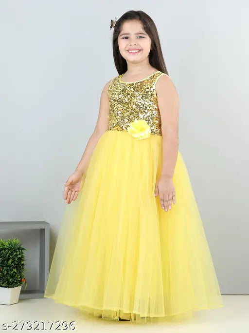 Yellow sequined girls party dress, net fabric, toy balloon design, 1-2 years size
