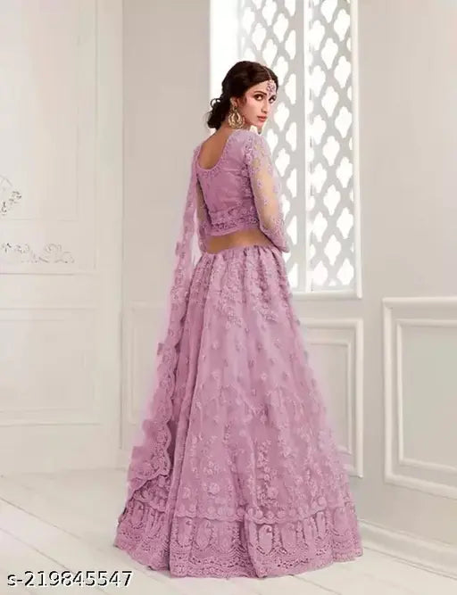 Embroidered net Lehenga Choli and Dupatta, Indian bridal wear with elegant Georgette fabric and red blouse