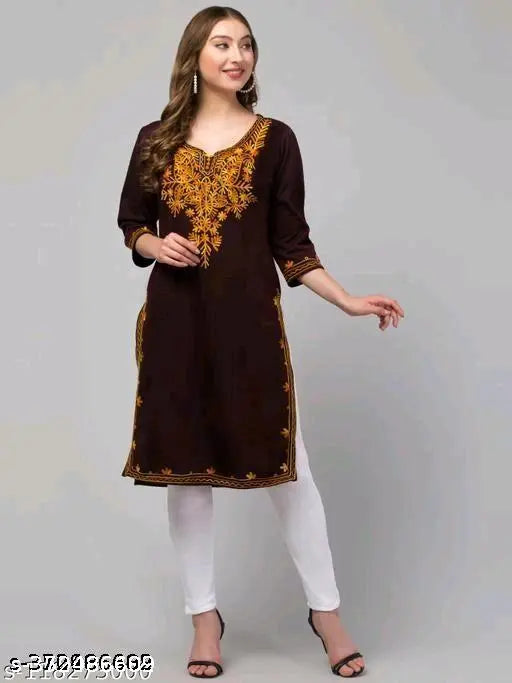 Brown woolen kurta with aari embroidery, long sleeves, round neck