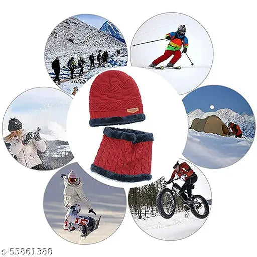 Maroon textured woolen beanie cap with neck warmer-scarf set, premium quality, unisex, snow-proof, soft fur, warm for men, women, and children, India origin