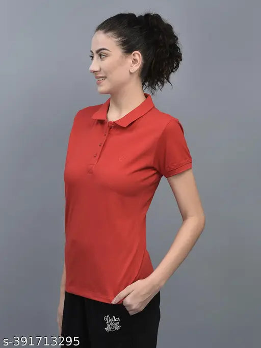 Red cotton-blend Dollar Women's Solid Polo Neck T-shirts pack of 2, featuring short sleeves & embroidered logo branding