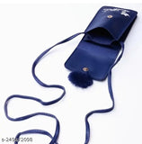 Black leather wallet with gold zip closure and a matching purple fabric sling bag