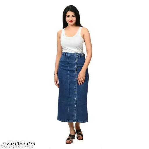 Long, high-waisted denim skirt