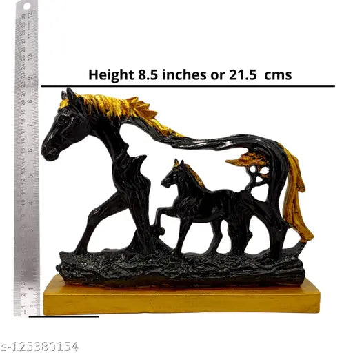 Antique blue and gold finish poly resin horse figurine with baby, handmade Indian tribal art, great for home or office decor