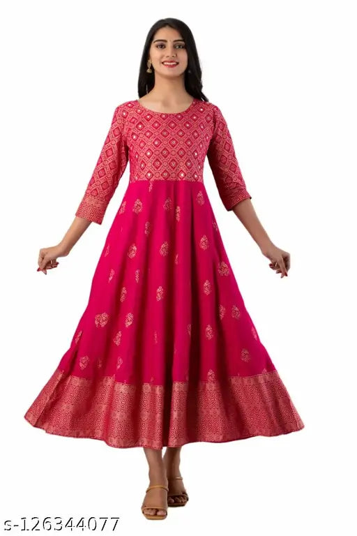 Rayon Anarkali gown with three-quarter sleeves, printed combo design, India origin