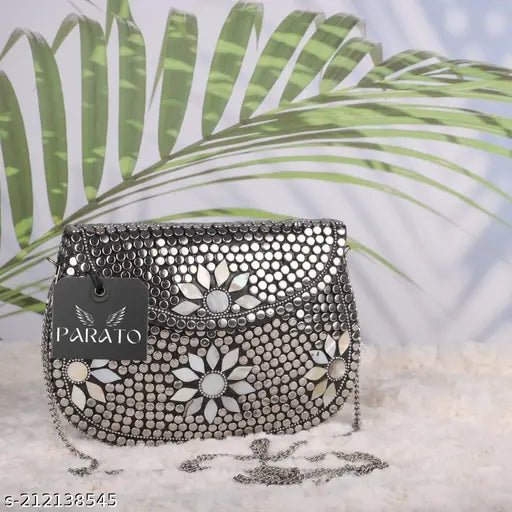 Handcrafted metal clutch, silver finish with floral design