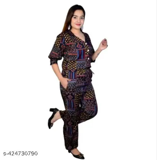 Rayon printed crop jumpsuit with three-quarter sleeves, wide legs for women or girls, Indian origin