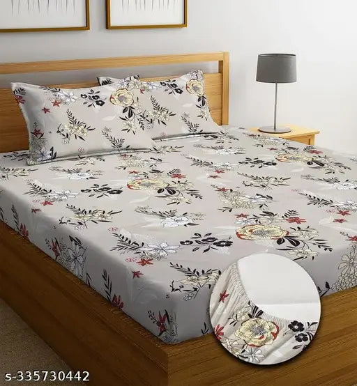 Glace cotton double bed elastic fitted sheet with beige floral print and 2 king size pillow covers, high-quality and wrinkle-resistant