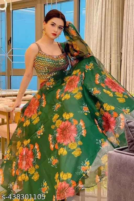 Green mirror work digital printed lehenga choli with floral net dupatta, embellished top and floral print bottom, free size, Indian craftsmanship showcased