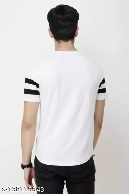 White/Black striped men's round neck cotton blend T-shirt - premium quality, stylish wardrobe essential
