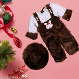 Brown wool three-quarter sleeve self-design net Christmas dress for girls, complete with hat, perfect winter fashion for kids aged 9 months to 10 years. Indian origin