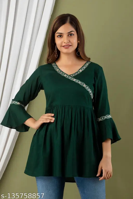 Dark Green Rayon Bell Sleeve Top with Embroidered Net, Indian women's fashion
