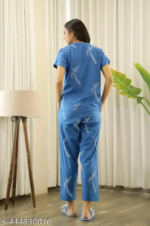 Bird Printed Cotton Women's Night Dress Top & Pyjama Set - Premium quality, comfortable fit, all-season wear