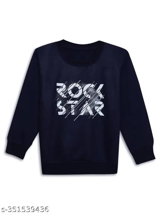 Navy Blue Printed Round Neck Cotton Fleece Sweatshirt for Boys